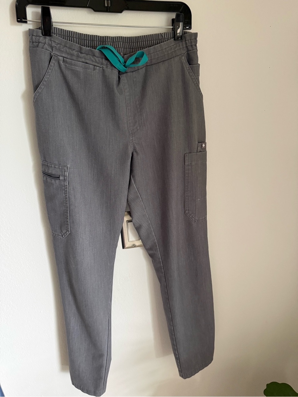Figs Men's Gray Cargo Pants with Teal Drawstring